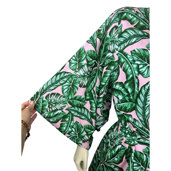 Kenny Flowers Beverly Hills Kimono Coverup Size S Leaf Print Green Pink Tie Swim - Picture 6 of 12